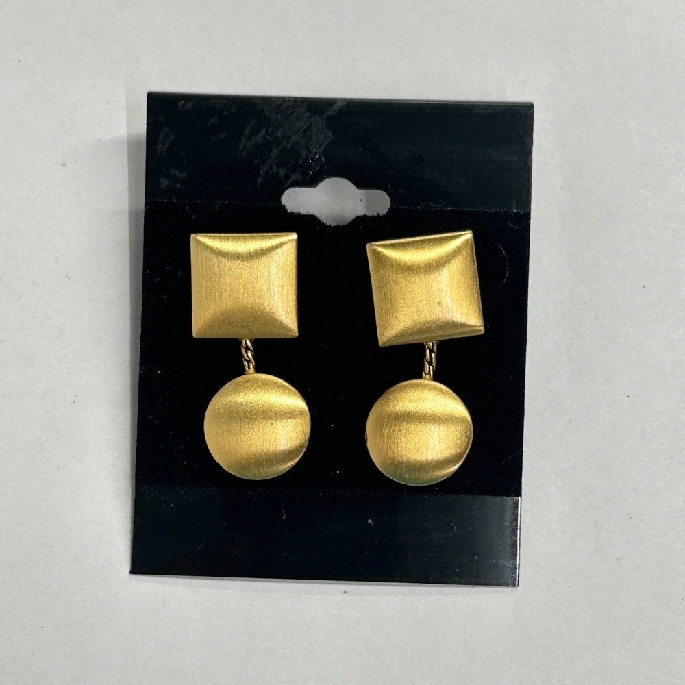 Vintage 1980s Matte Satin Gold Tone Geometric Square Circle Dangle Post Earrings